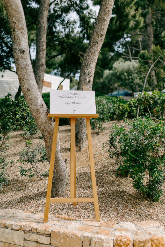Elegant romantic wedding in Athens - Welcome drinks sign